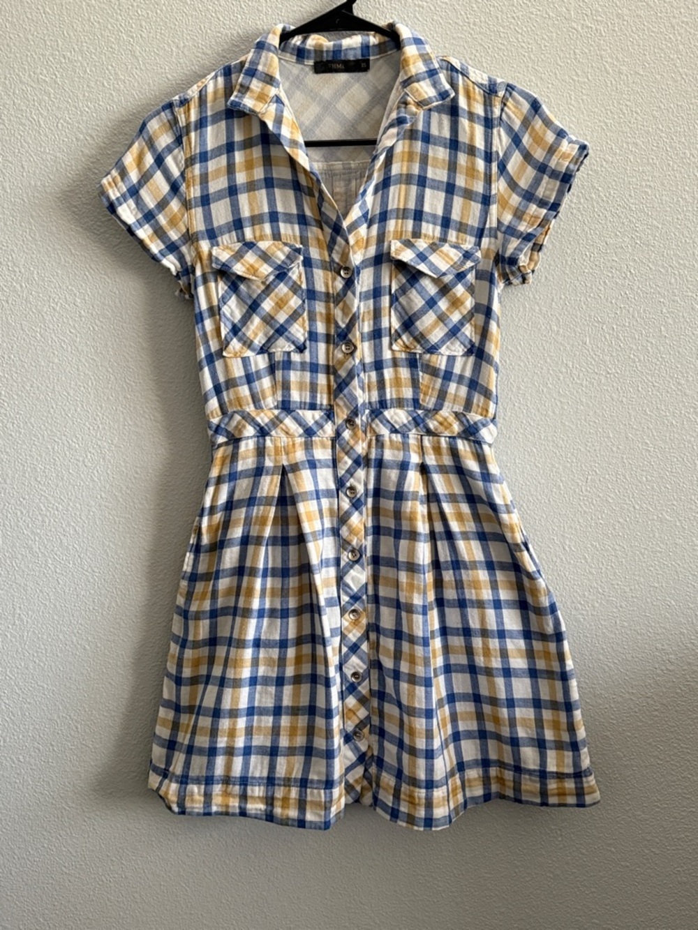THML Plaid Shirt Dress XS Blue Yellow Button Front Short Sleeve Mini Dress